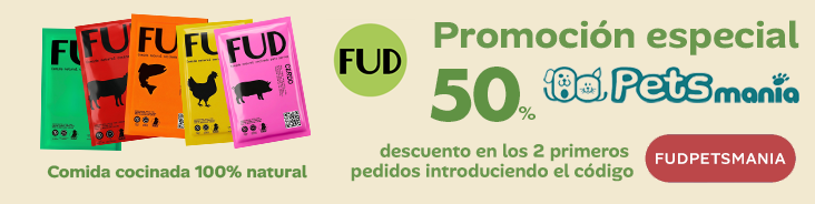 FUD. Comida cocinada 100% natural para tu perro o gato.
Promoción especial de 50% de descuento en tus dos primeros pedidos introduciendo el código FUDPETSMANIA